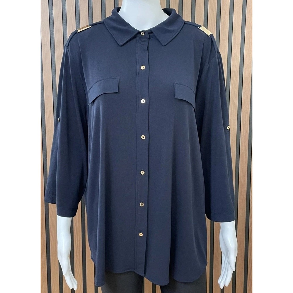 Carmen Marc Valvo‎ Women's 1X Blue Button-Up PolyShirt Boho Minimalist Work